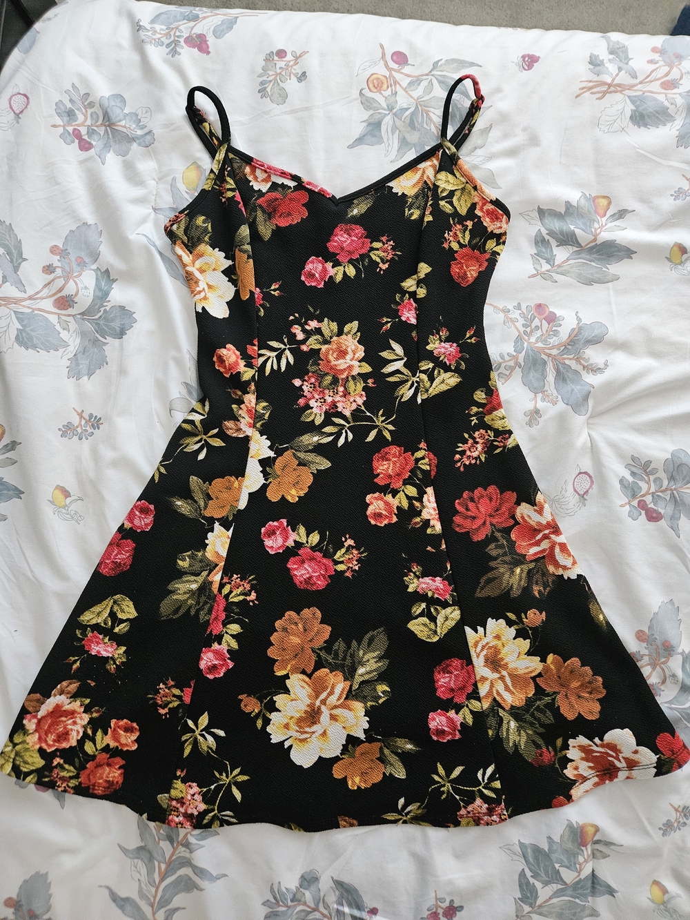Ambiance Black Floral Mini Slip Dress with Red and Mustard Blooms